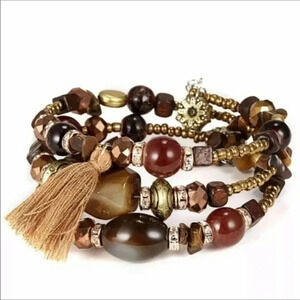 Brown & Bronze Wrap Wire Bead Tassel Bracelet NWT